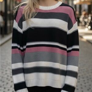 OneGreyDay Heath Striped Sweater Black Pink Cream Super Fine Merino Cotton Nyl L